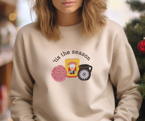 Embroidered Mexican Hot Chocolate Pan Dulce Holiday Tan Crewneck Tis The Season Christmas Sweatshirt