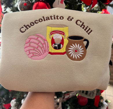 Embroidered Mexican Hot Chocolate Pan Dulce Crewneck Chocolatito & Chill Sweatshirt