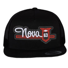 Load image into Gallery viewer, Trucker Hat Snapback Hat - 1962 - 1963 - 1964 Nova Script Logo Puff Embroidery