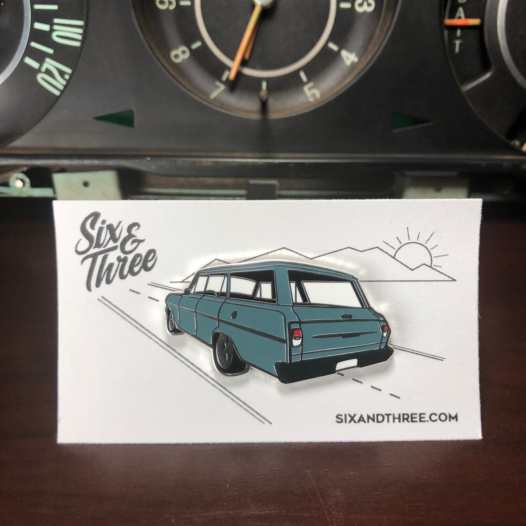 Chevy Nova Wagon Enamel Pin - Blue Color